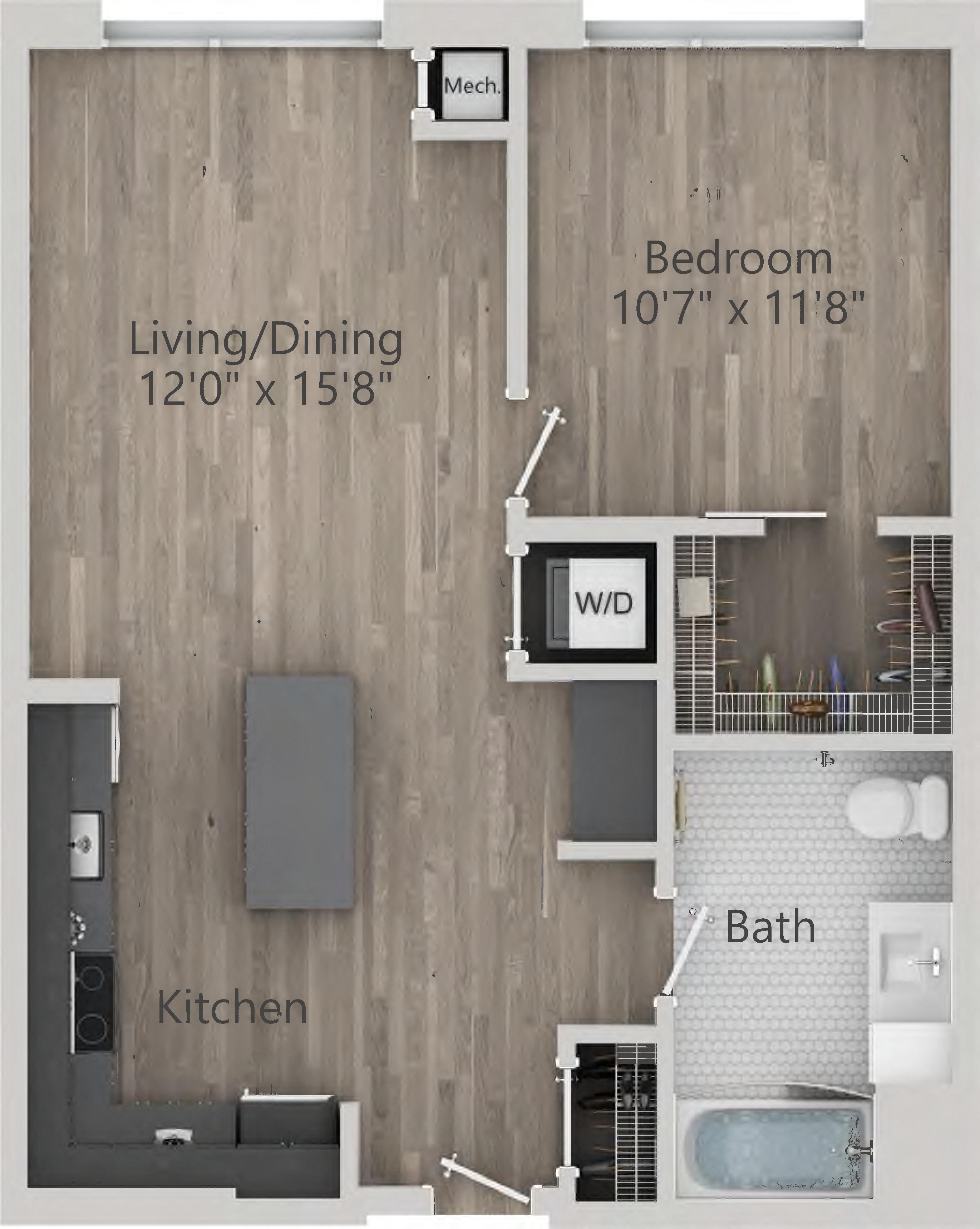 Floor plan for 1 bed, 1 bath, 716 sqft